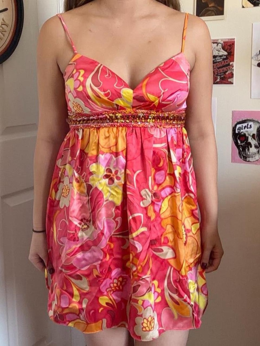 Bright Pink Floral Satin Chemise with Beaded Waist